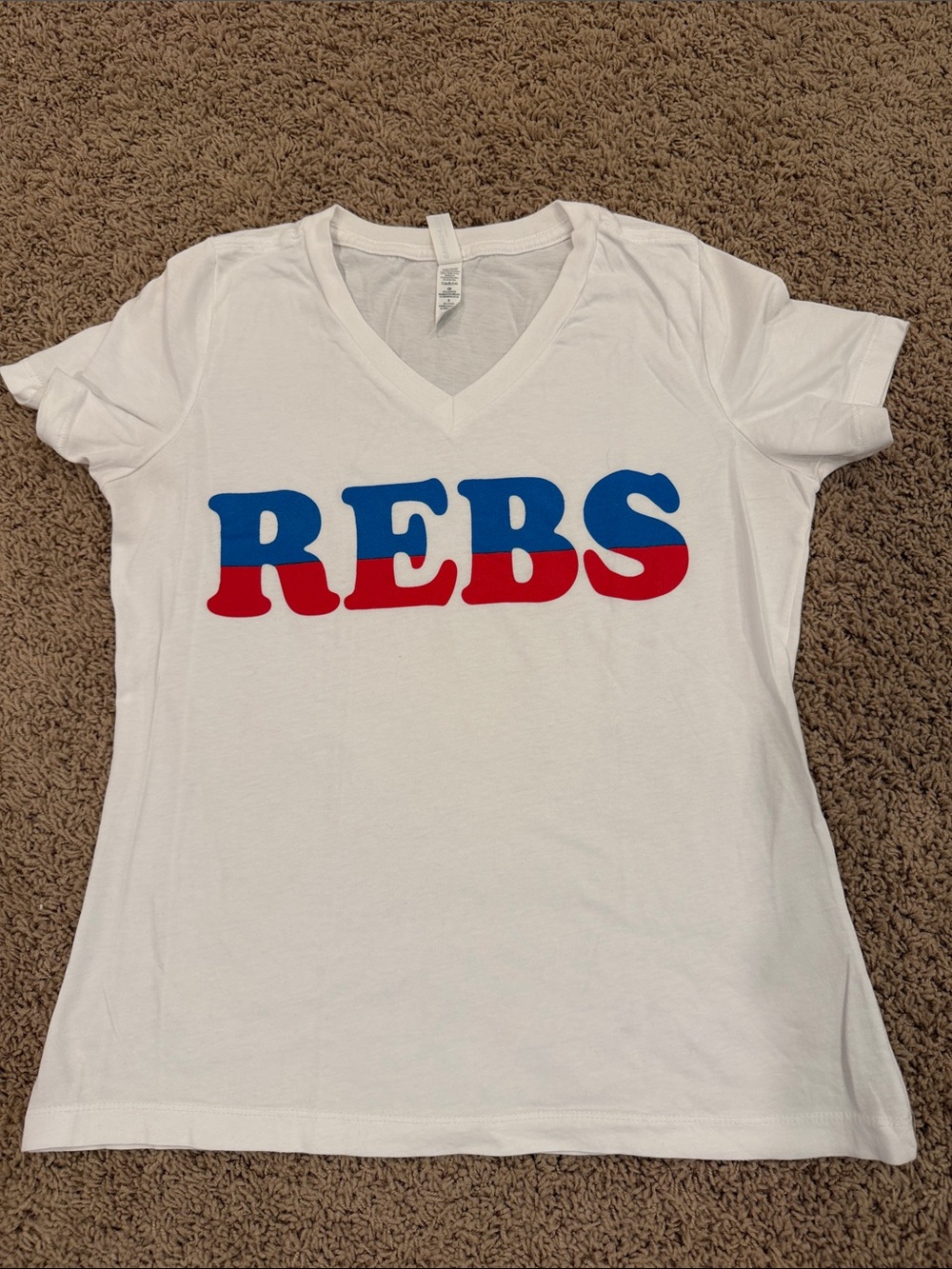 Ole Miss Rebs Bella Canvas White V‑Neck Tee with Blue & Red REBS Graphic